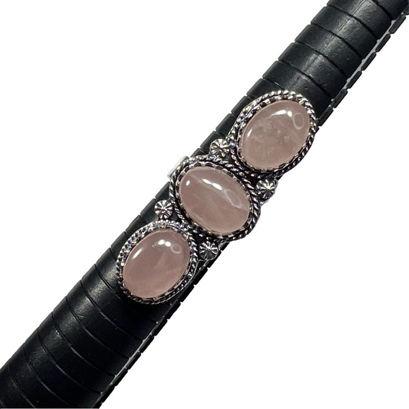 Rose Quartz 925 Triple Stone Gemstone Silver Ring 8 - Picture 1 of 5